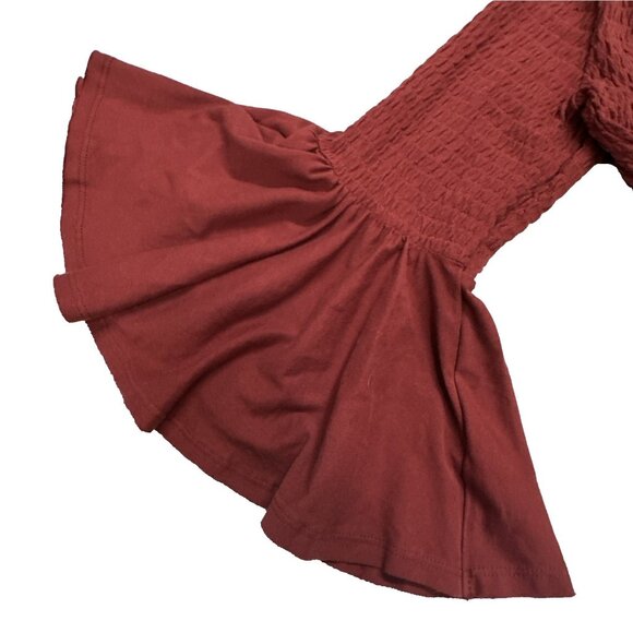 Anthropologie Smocked Bell Sleeve Top Women’s Small Wine Burgundy Textured Knit - Picture 7 of 10